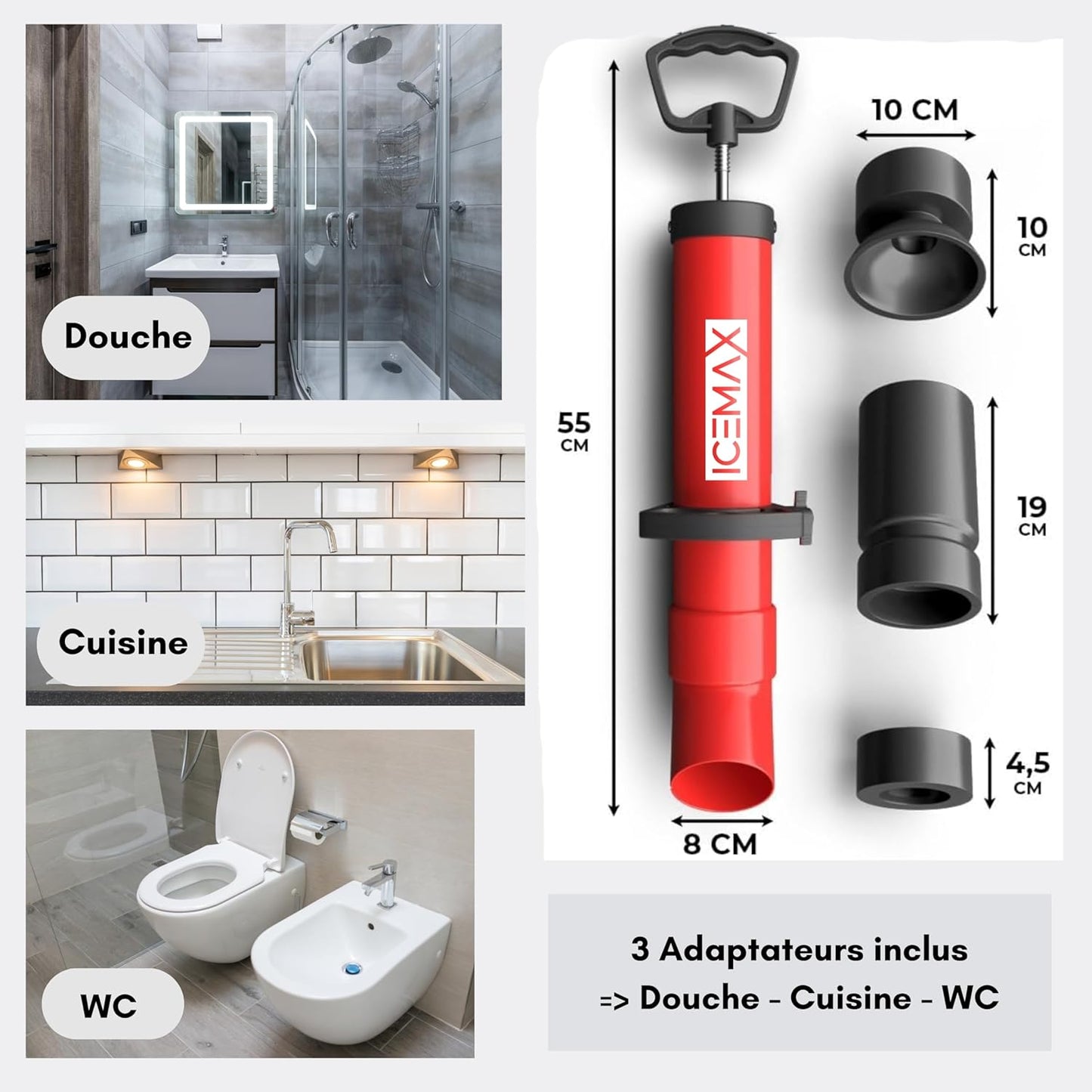 Icemax® - Déboucheur WC professionnel - Compatible Evier / Douche & Baignoire - Marque Française