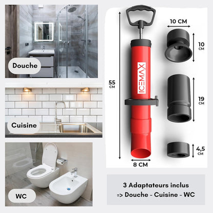 Icemax® - Déboucheur WC professionnel - Compatible Evier / Douche & Baignoire - Marque Française