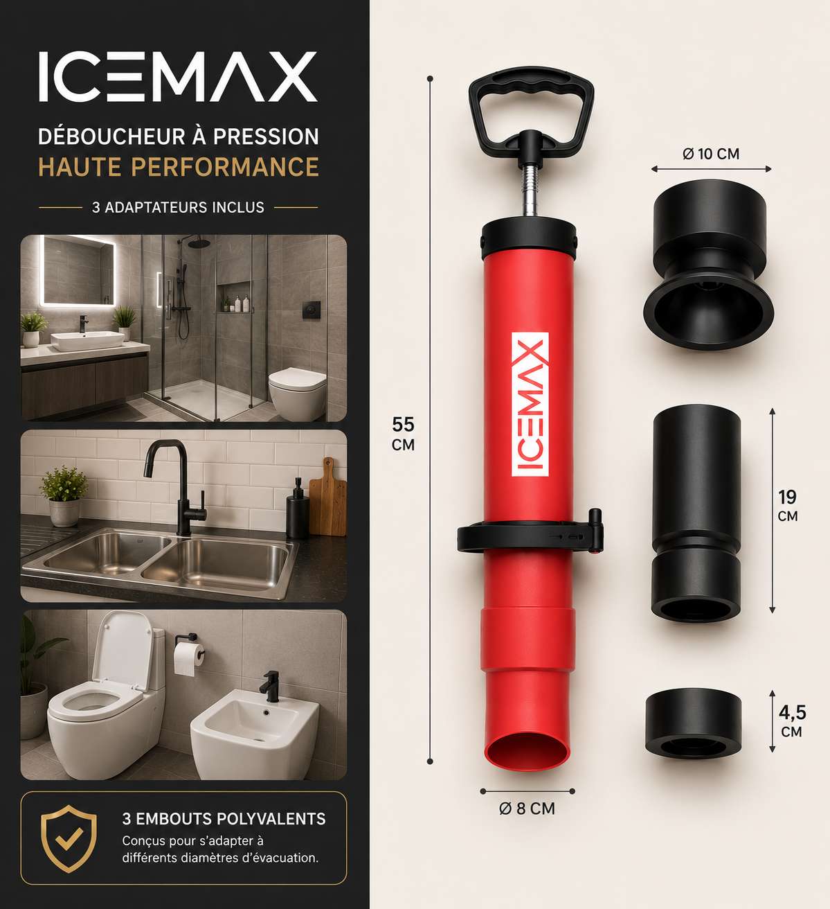 Icemax® - Déboucheur WC professionnel - Compatible Evier / Douche & Baignoire - Marque Française 
Livraison Express 48h/72h gratuite !